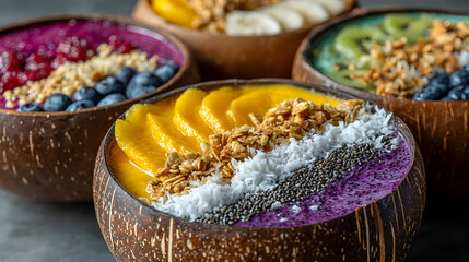 Colorful smoothie bowls with fresh fruits and granola.