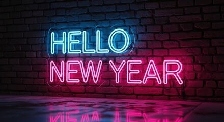 Hello new year neon sign glowing in blue and pink against a dark brick wall and reflective floor, celebrating the start of a new year