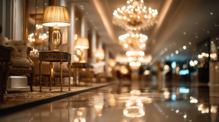 Grand Hotel's Luxurious Interior: An exquisitely designed hotel corridor showcases opulence through its elegant lighting, polished floors, and refined decor. The warm lighting and polished floors.