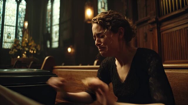 A sad widow sits alone in church near coffin, reflecting on her feelings. The dim lighting creates somber atmosphere, and she reveals deep emotions, depicting her struggle with loss and heartache