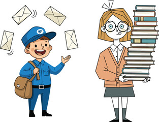 Happy mail carrier delivering letters while a woman carries a tall stack of books, illustrating communication, delivery service, education, organization, and daily tasks