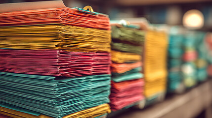 Colorful stacks of paper documents arranged in a row vibrant hues.