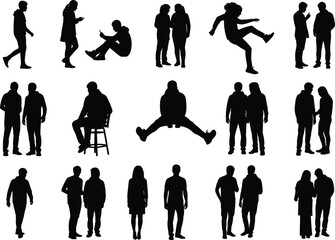 silhouette, vector, people, walking, sitting, standing, jumping, pose, gesture, interaction, human, activity, design, motion, character, black silhouette, human 