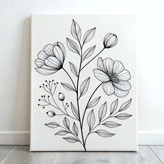 Minimalist Line-Art Flower Pattern in Black Ink on White Canvas, Modern Botanical Style