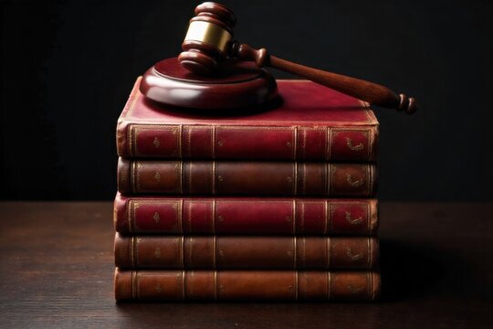 Legal Books and Hammer of Justice on a Desk A top down, still life composition featuring neatly stacked, old leather bound law books on a dark wooden desk. A polished wooden gavel rests on top of the