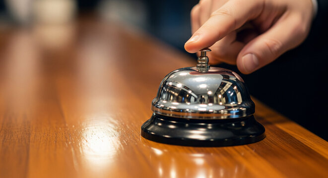 Un dedo presiona una campana de servicio cromada sobre un mostrador de madera pulida