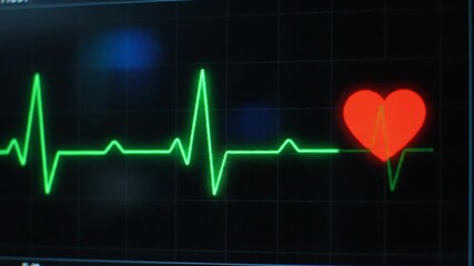 Vibrant green ECG pulse trace monitoring heart activity on a dark hospital screen, with a glowing red heart icon marking the peak QRS complex, indicating life and health status.