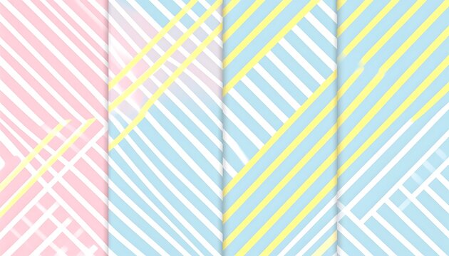 Four vertical panels showcasing colorful, diagonal striped patterns in soft pink, blue, yellow, and white, creating a visually appealing array