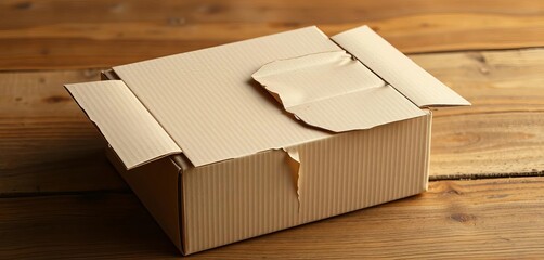 A fragile cardboard box, slightly crushed at a corner, carton, cardboard