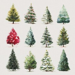 Obraz premium Watercolor Collection of Christmas Trees in Various Styles and Colors for Holiday Decorations and Seasonal Artwork