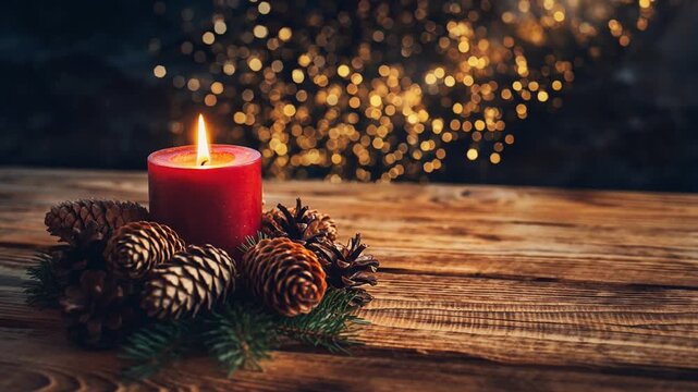 Escena navide&ntilde;a &iacute;ntima y c&aacute;lida con un enfoque en el primer plano. En una superficie de madera r&uacute;stica y envejecida se destacan velas de pilar de color rojo intenso encendidas.