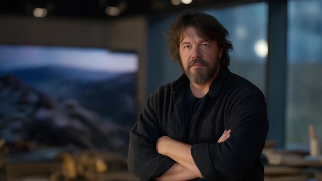 Animation studio director standing before a massive screen showing the final rendered scene, overwhelmed with pride and emotion &mdash; concept of artistic satisfaction, digital animation achievement,