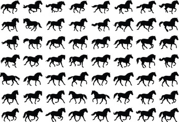 Dynamic running horse silhouette pattern collection featuring multiple galloping poses, elegant wild animal vector design ideal for equestrian, motion, and wildlife themed illustrations