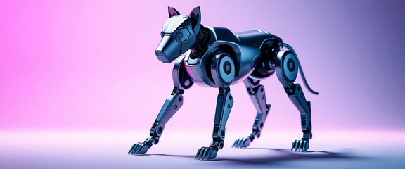A metallic robotic dog stands on four legs, poised and alert,  sci-fi, robot dog