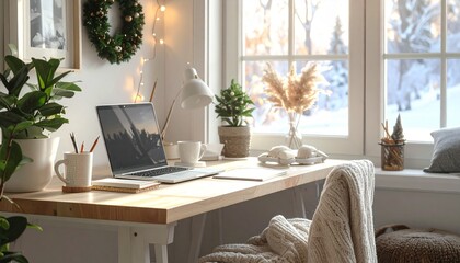 Cozy home office with winter productivity essentials and soft decor