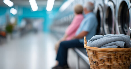 Laundry basket with folded towels in foreground and elderly couple sitting on bench in laundromat background