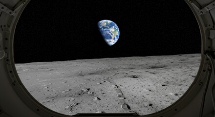 View of Earth from the Moon Through Spaceship Window: A Celestial Perspective