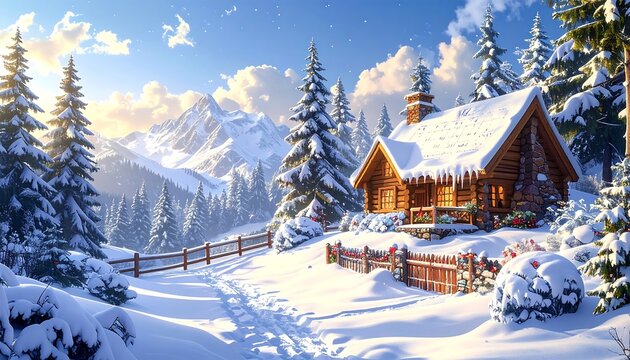 A snowy landscape features a cozy cabin nestled among evergreen trees and snow-covered mountains under a bright winter sky