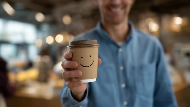 Barista writing uplifting quotes and smiley faces on coffee cups in a busy café, representing everyday positivity, service industry compassion, and spreading joy through small gestures - Powered by Adobe