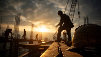 Construction workers silhouetted against a golden sunset on skyscraper framework urban setting photography dramatic view
