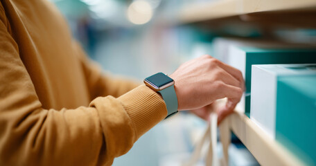 Person wearing smartwatch with blue strap reaching for a box on a shelf in a retail or storage environment