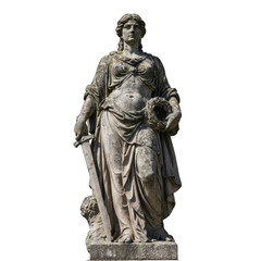 Fototapeta premium Antique stone statue of a robed woman holding a sword and a wreath isolated on a black background with sunlight and shadow