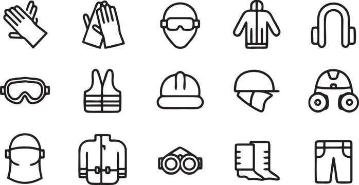 Safety Icons: A collection of essential safety equipment icons, meticulously designed for clarity and functionality, essential tools to ensure workplace safety and hazard awareness.