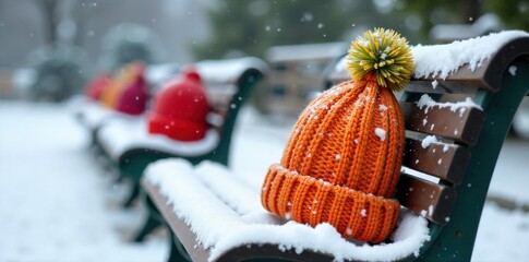 A whimsical scene of colorful, oversized knitted mittens and scarves draped over snow covered park benches, softly snowing. An outdoor park scene with snow covered benches. Draped artfully over the