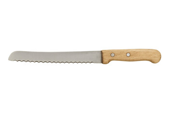 Bread knife with serrated blade and wooden handle for slicing baked goods, bakery, and kitchen use, transparent background