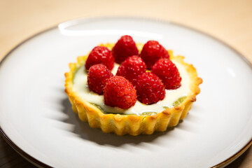 Close-up view of raspberry tart.