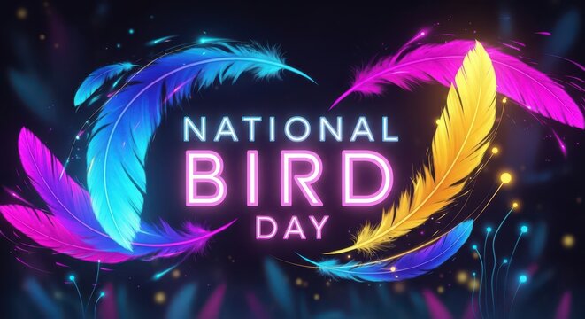 National bird day text with vibrant colorful feathers and glowing neon lights, celebrating avian life and conservation awareness