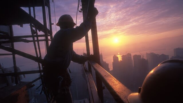 Construction workers silhouetted on skyscraper framework at sunset urban landscape photography golden hour view