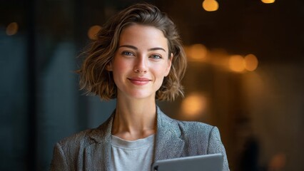 Empowered businesswoman smiling in modern office lobby professional environment portrait photography soft lighting