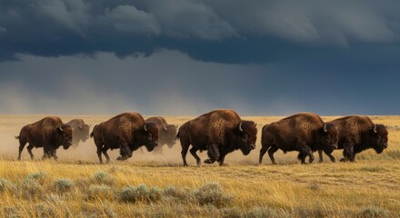 A herd of American bison moving rapidly across a grassy plain with a dramatic sky backdrop