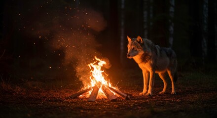 A lone wolf stands guard beside a crackling campfire in a dark forest night scene nature photography