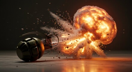 Fototapeta premium A close-up of a hand grenade exploding on the ground with dust and debris swirling around it
