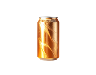A vibrant illustration capturing a refreshing beverage in a sleek aluminum can, adorned with dynamic golden liquid swirls against a pristine white background, evoking energy and flavor and style