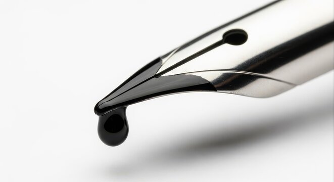 Close-up of a fountain pen nib with a drop of black ink hanging from it.