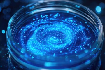 Mesmerizing vibrant blue liquid swirls with glowing particles, forming a luminous vortex within a clear container, creating an ethereal abstract effect.