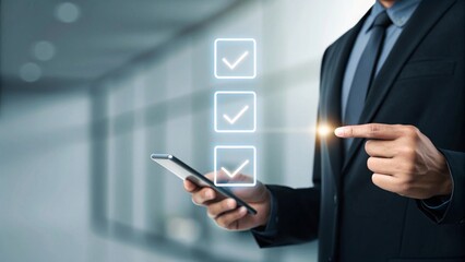 Businessman interacting with holographic checklist interface in modern office setting focusing on digital solutions