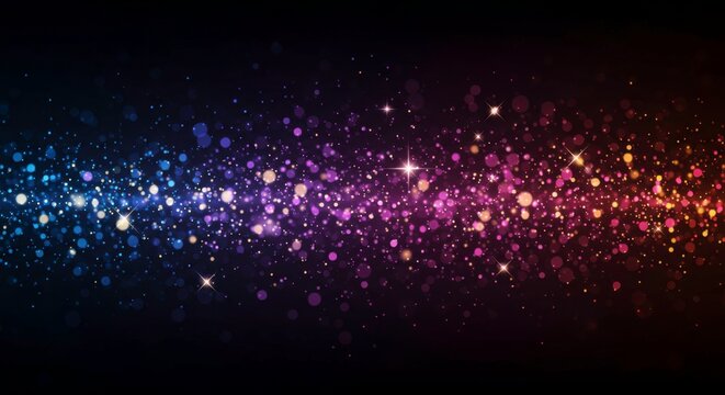 Abstract dark background with colorful glowing particles and stars shining brightly