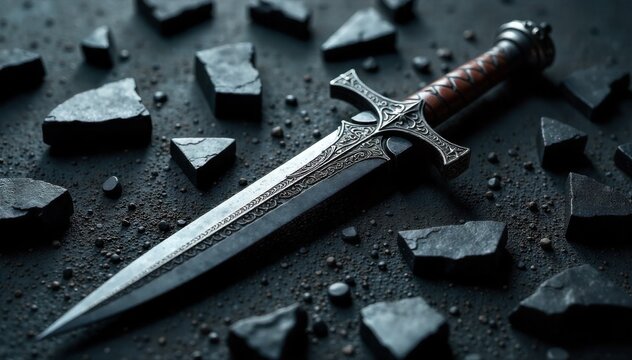 Ancient Sword Forged in Dragon Fire A close up, dramatic studio shot of an ornate, ancient fantasy sword. The sword is made of dark, aged metal with intricate etchings. It emits a soft, internal