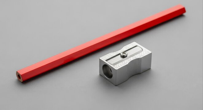 A bright red hexagonal pencil lying next to a silver metal pencil sharpener on a simple gray background.