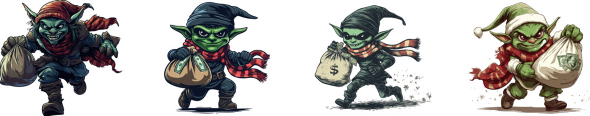 A Christmas elf with evil intentions is illustrated stealing gifts in a modern clip art style, characterized by simple gradients, and is composed of a single layer