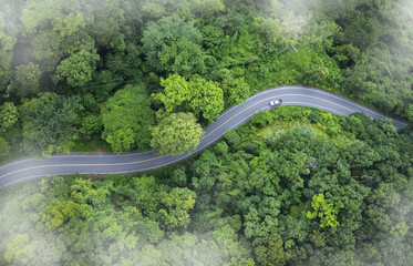 Fototapeta premium Aerial view of a road in the middle of the forest , road curve construction up to mountain , winding road curving through lush green tropical forest with misty atmosphere.