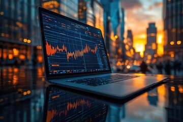 A laptop displays dynamic financial market data charts against a blurred, vibrant city skyline at golden hour, symbolizing modern trading and urban connectivity.