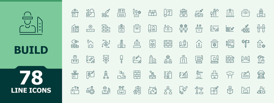 Build icon set in linear style. Collection for mobile and web apps. Featuring construction tools, construction, paint, work. Vector artwork and illustration. Tool icon collection.