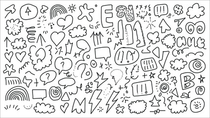 A large collection of hand drawn doodle elements including speech bubbles hearts stars lightning bolts rainbows and abstract shapes on a white background