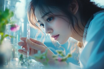 A young woman meticulously examines a liquid sample with a syringe, surrounded by botanical elements, embodying delicate scientific research in a serene lab.