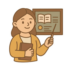 Hand draw female teacher cartoon illustration teaching with pointer and book, classroom character